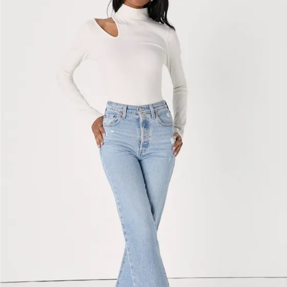 Lulus Attractive Attitude White Ribbed Cutout Mock Neck Bodysuit - Small NWOT - Picture 3 of 6